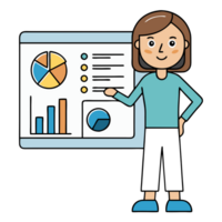 Illustration of a businesswoman presenting data charts and graphs on a screen, representing analysis, statistics, and corporate presentation. png