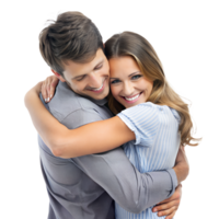 Smiling couple embracing each other with love and joy, expressing affection and happiness in a close, warm hug. png