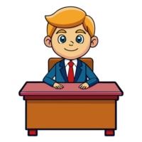 Cartoon businessman sitting at a desk in a suit and tie, smiling with a confident expression. Ideal for business and corporate themes. png