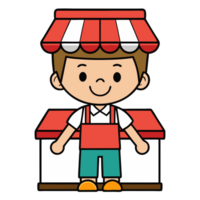 Cute cartoon character of a shopkeeper standing in front of a small shop with a red and white striped awning. Ideal for business concepts. png