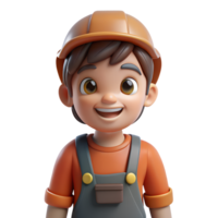 3D rendered cartoon character of a smiling boy in construction attire, ideal for educational and children's content. png