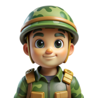 3D rendering of a cartoon soldier in a green uniform and helmet, smiling. Military character in camo gear, isolated on a white background. png