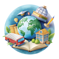 Colorful education concept with globe, books, and school elements symbolizing global learning and knowledge. png