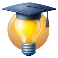 Creative concept image of a lightbulb wearing a graduation cap, symbolizing smart ideas, knowledge, and education innovation. png