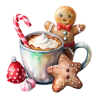 Festive watercolor illustration of a holiday mug with whipped cream, a candy cane, and gingerbread cookies, perfect for Christmas vibes. png