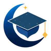 Digital illustration featuring a graduation cap with a crescent moon and a star, symbolizing education and achievement. png