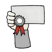 Hand drawn illustration of a hand holding a certificate with a red ribbon, symbolizing achievement, award, and recognition. png