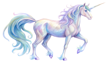 Beautifully illustrated unicorn with flowing mane and tail, showcasing magical elements and mythical fantasy setting for creative projects. png