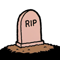 Cartoon image of a gravestone inscribed with RIP, symbolizing rest in peace, death, and remembrance. Brown earth surrounds the base of the stone. png