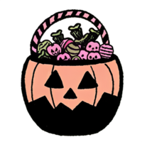 Colorful Halloween candy in a festive pumpkin basket, perfect for spooky holiday celebrations and trick-or-treating events. png