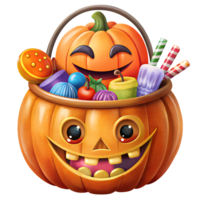 Colorful Halloween candy basket with a smiling pumpkin face, filled with assorted candies and lollipops, perfect for festive celebrations. png