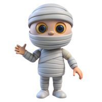 Cute animated mummy character wrapped in bandages waving with a friendly expression, suitable for Halloween and cartoon-themed projects. png