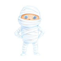Cute cartoon mummy character wrapped in white bandages with big eyes, standing confidently with hands on hips. png