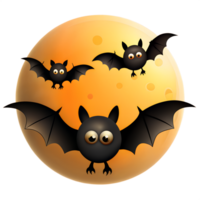 Illustration of three cartoon bats flying in front of a full moon with an orange gradient background, perfect for Halloween-themed projects. png
