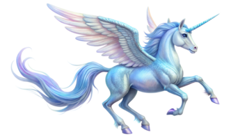 Fantasy unicorn with wings, vibrant and magical, depicted in a dynamic pose showcasing its ethereal beauty and mythical charm. png