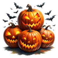 Happy Halloween Halloween pumpkins of different sizes and designs, bats flying in the background creating a spooky holiday atmosphere. png