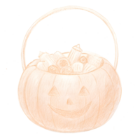 Illustration of a pumpkin-shaped Halloween bucket filled with assorted candies, perfect for Halloween-themed designs and festive decoration. png