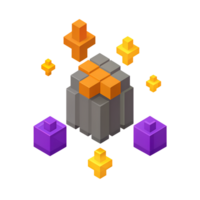 Isometric pixel art illustration of a blocky stone structure surrounded by floating yellow and purple cubes against a transparent background. png
