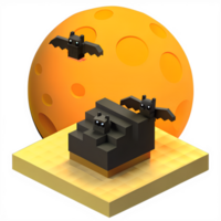Low-poly 3D illustration of a large moon with bats flying, featuring blocky shapes and a digital art style. png