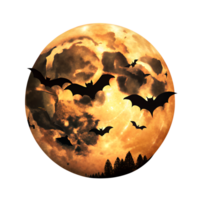 Spooky full moon night with flying bats and dark clouds, perfect for Halloween themed imagery and eerie atmospheres. png