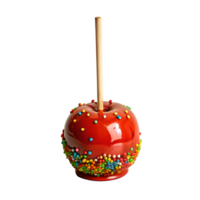 Close-up of a glossy red candy apple on a stick, decorated with colorful sprinkles, isolated on a white background. png
