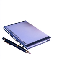 A spiral notebook and pen on a reflective surface, ideal for writing, journaling, and note-taking in a professional or academic setting. png