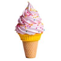 delicioso Rosa suave servir gelo creme cone com colorida granulados em uma waffle cone, perfeito para verão sobremesa criações e doce guloseimas. png
