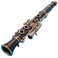 Close-up image of a black clarinet showcasing its intricate keys and details against a white background, perfect for music-related content. png