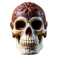A detailed chocolate skull intricately decorated with floral patterns, blending artistry and confectionery in a unique and delicious design. png
