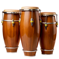 A set of three wooden conga drums, displaying rich wood grain and metallic accents, ideal for Afro-Cuban music enthusiasts and percussionists. png