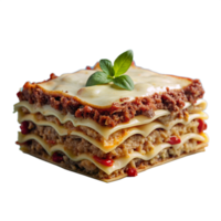 Delicious homemade lasagna with layers of pasta, meat sauce, cheese, and fresh basil, perfect for a comforting family meal. png