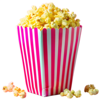 Vibrant striped popcorn container filled with delicious popcorn, perfect for movie nights, parties, or snacking. Bright and eye-catching photo. png