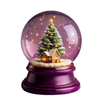 Magical Christmas snow globe with a lit house and decorated tree inside, set against a dark background, creating a festive winter scene. png