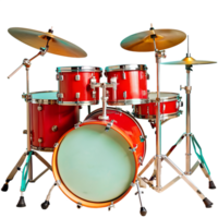 Red drum set with cymbals and stands, isolated on a white background. Ideal for music and musical instruments themed projects. png