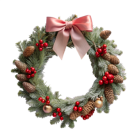 Festive Christmas wreath with pine cones, red berries, and gold baubles, adorned with an elegant pink bow for holiday decoration. png