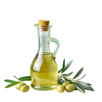 Glass bottle of olive oil with fresh olives and leaves, isolated on white background, perfect for culinary and health blogs. png