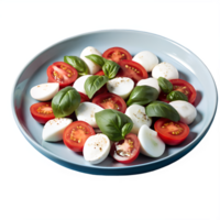 Fresh Caprese salad with mozzarella, cherry tomatoes, and basil leaves on a blue plate, ready to serve as a delicious appetizer. png