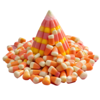 Pile of colorful candy corn arranged in a festive cone shape, isolated on white background, perfect for Halloween and autumn celebrations. png