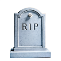 Grave headstone with 'RIP' inscription, standing on a concrete base against a white background, symbolizing rest and remembrance. png