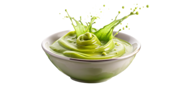 Fresh and creamy green sauce splashing in a white bowl, isolated on a white background, perfect for culinary and food-related concepts. png