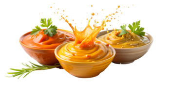 A vibrant image of three bowls with different sauces splashing, garnished with parsley and a touch of rosemary, capturing food in motion. png
