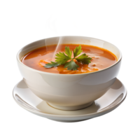 A steaming bowl of tomato soup garnished with fresh parsley, served in a white bowl on a matching saucer. png