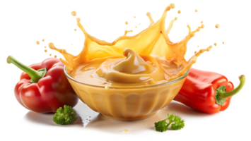 A bowl of mustard splashing with red and orange bell peppers around it, isolated on white background. png