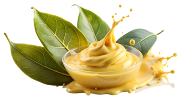 A luxurious bowl of smooth, creamy lotion surrounded by green leaves, captured in a dynamic splash of natural color and texture. png