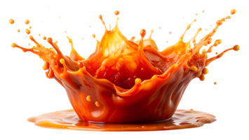 Dynamic splash of red-orange liquid captured in motion, isolated on white background, emphasizing vibrant colors and fluid movement. png