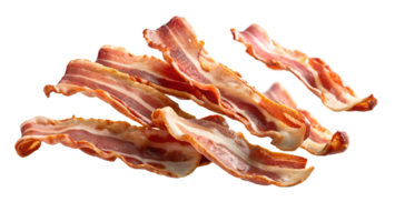 Delicious, crispy strips of cooked bacon arranged on a white background. Perfect for breakfast food and culinary presentations. png