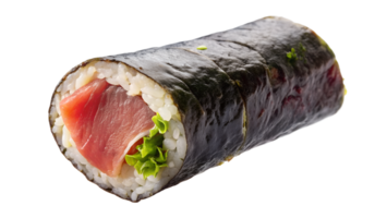 Close-up of a single delicious sushi roll with fresh fish, rice, and seaweed, isolated on a white background. png
