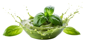 Fresh basil leaves with green sauce splashing in glass bowl, vibrant and appetizing herb presentation, perfect for culinary and food concepts. png