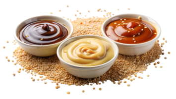Assorted sauces in white bowls on a bed of sesame seeds. Perfect for food, culinary, and recipe concepts. Vibrant and appetizing. png