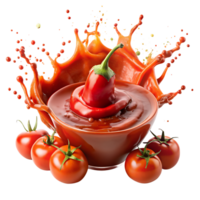 Close-up of a red chili pepper splashing into a bowl of spicy tomato sauce surrounded by fresh tomatoes. Vibrant and energetic food concept. png